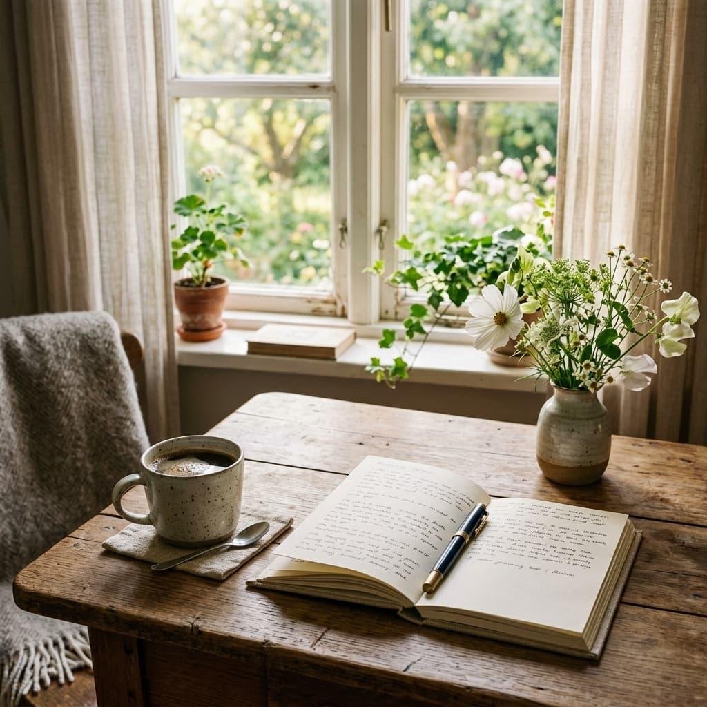 a dining table next to the window with a cup of coffee and a notebook
